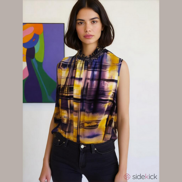 laura Tops - Laura Plus Size 22 Purple Gold Plaid Sleeveless Satin Blouse
